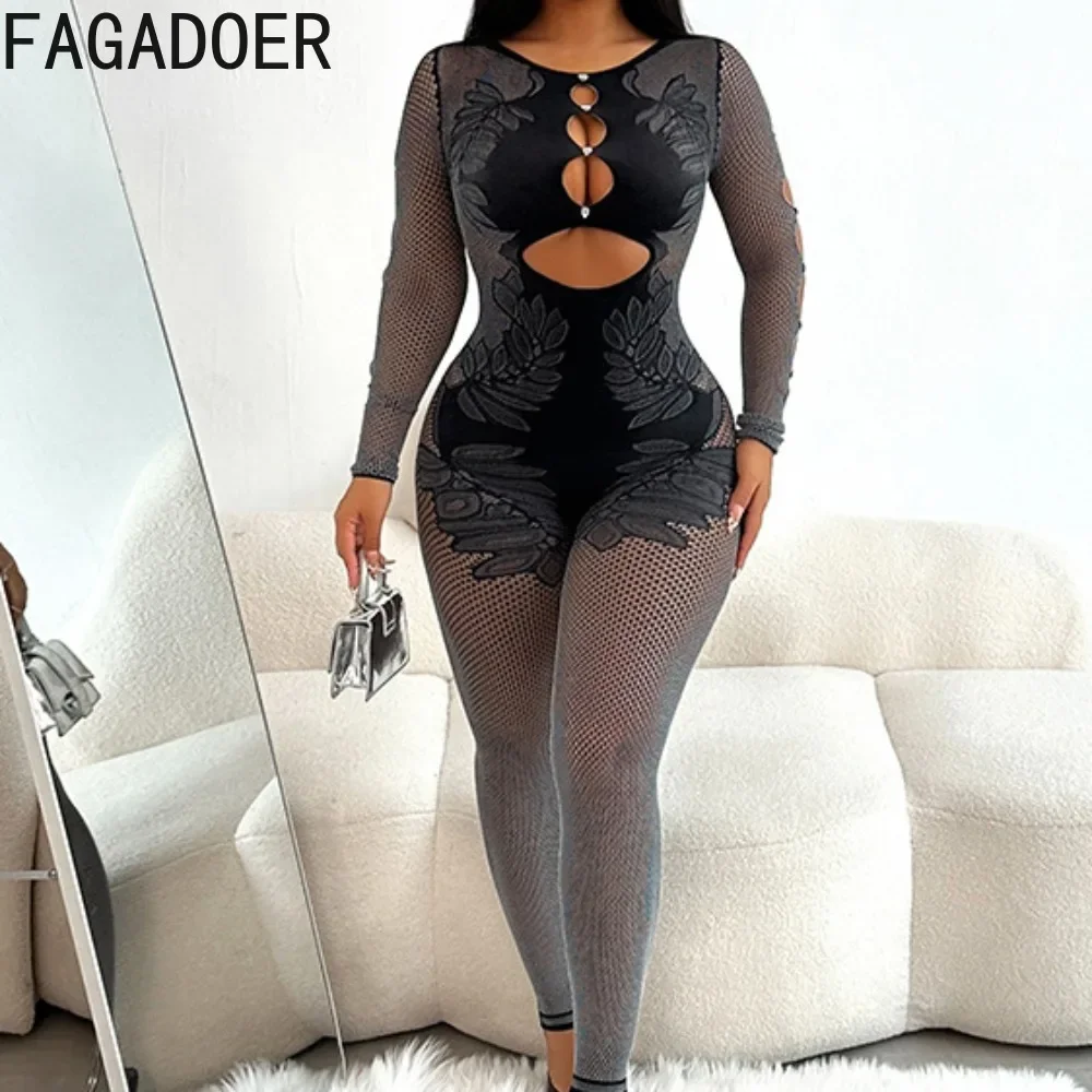 FAGADOER Fashion Thick Lace Elasticity Bodycon Jumpsuits Women Long Sleeve See Through One Pieces Rompers Female Slim Clubwear