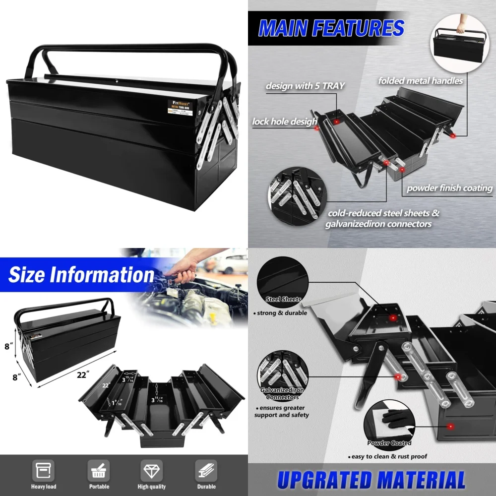 صندوق أدوات عالي التحمل مكون من 3 طبقات مع 5 صواني بتصميم قابل للطي ومنضدة عمل فولاذية محمولة بمقبض 22 بوصة