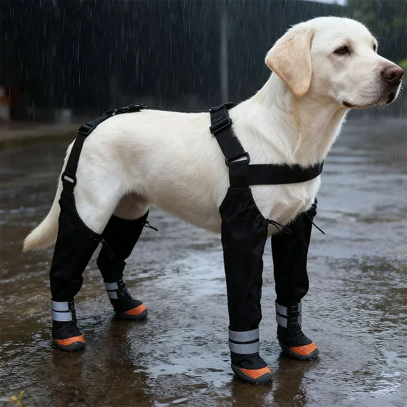 Non-Slip Dog Suspender Boots Waterproof Wear-resistant Dog Protective Footwear Long Boots Reflective Straps Pet Rain Shoes