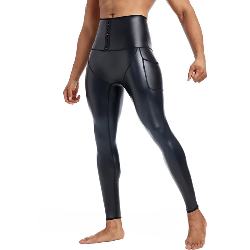 New Men's Leather Pants High Waist Belly Panties Nine-point Belly Lift Buttocks Body Plus Breasted Pockets Bodybuilding