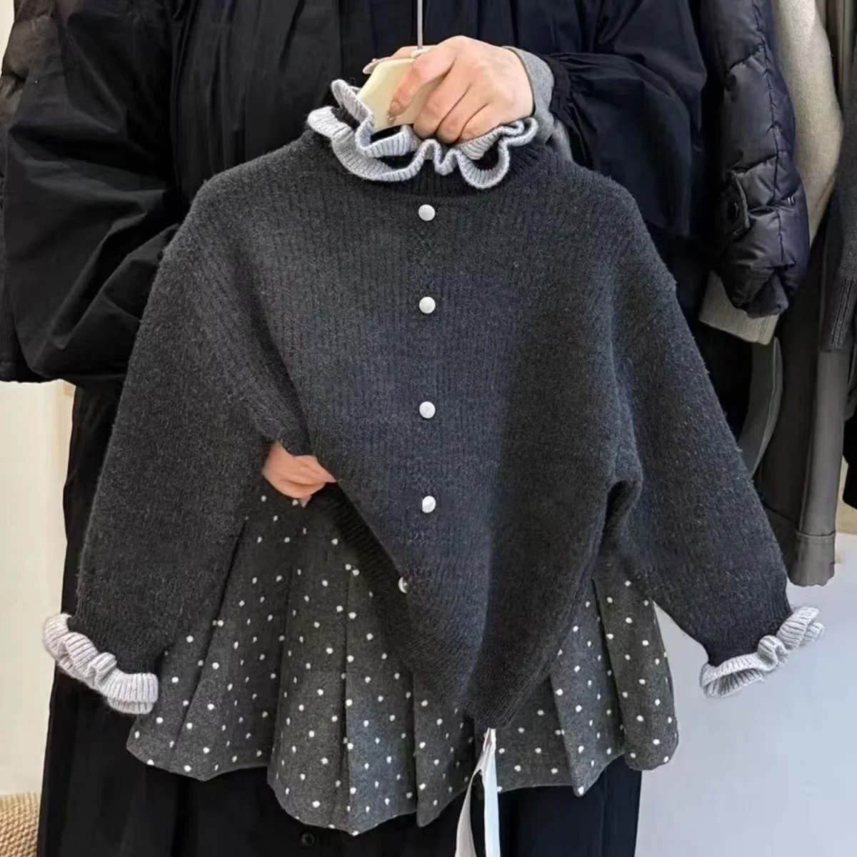 Girls Set Autumn and Winter Fashion 2026 New Children's Lace Knitted Cardigan+Pleated Half Skirt Trend Kids Outfit