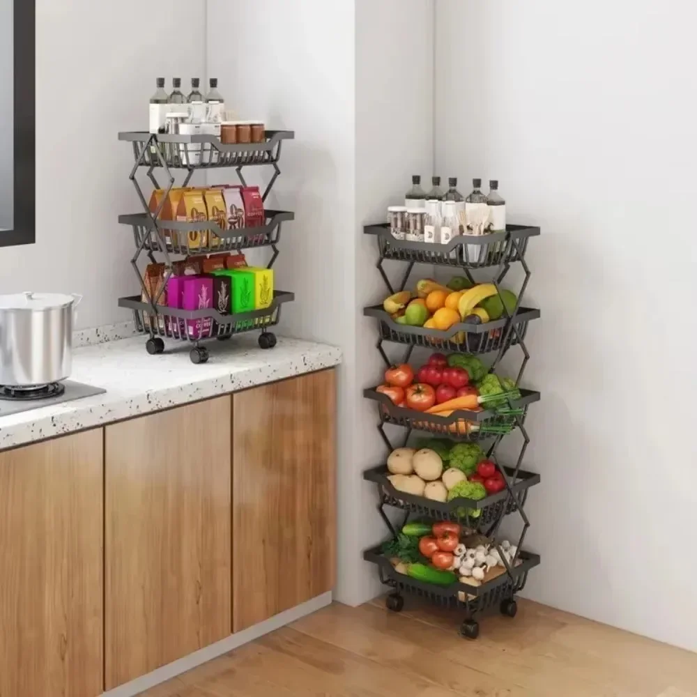 Stackable Fruit Basket Floor-Mounted Vegetable Rack Metal Folding Storage Pulley Trolley Cart Multi-Layer Movable Kitchen Shelf