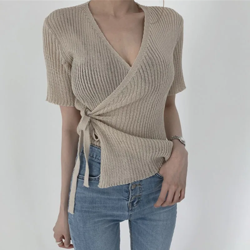 Deeptown Short Sleeve Criss Cross Women\'s Knit Cardigan V Neck Basis Knitwear Summer Korean Fashion Elegant Sweater Old Money