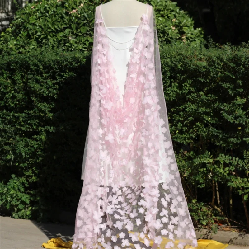 Pink 3 D Flowers Floral Wedding Bridal Draped Cape Veils Accessories For Brides Cathedral Long Colored Cloak Unique