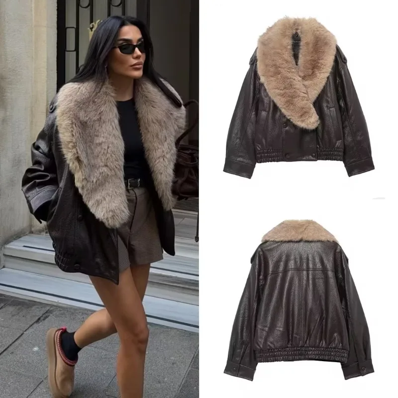 

Big Fur Collar Causal Coat High Street Double Breasted Outwear Women Winter Loose Thicken Faux Leather Jacket Fashion Removed