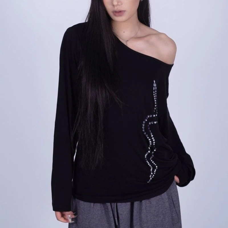 

Casual Big Diamond Long Sleeve Diagonal Neck Breathable Regular T-shirt Regular Commuter Style Top