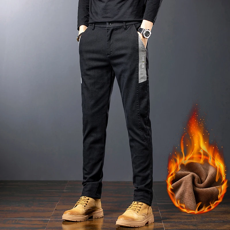 Hiver hommes mode polaire chaud pantalons décontractés mince jambe droite coréen thermique pantalon affaires épaissir velours marque Streetpants