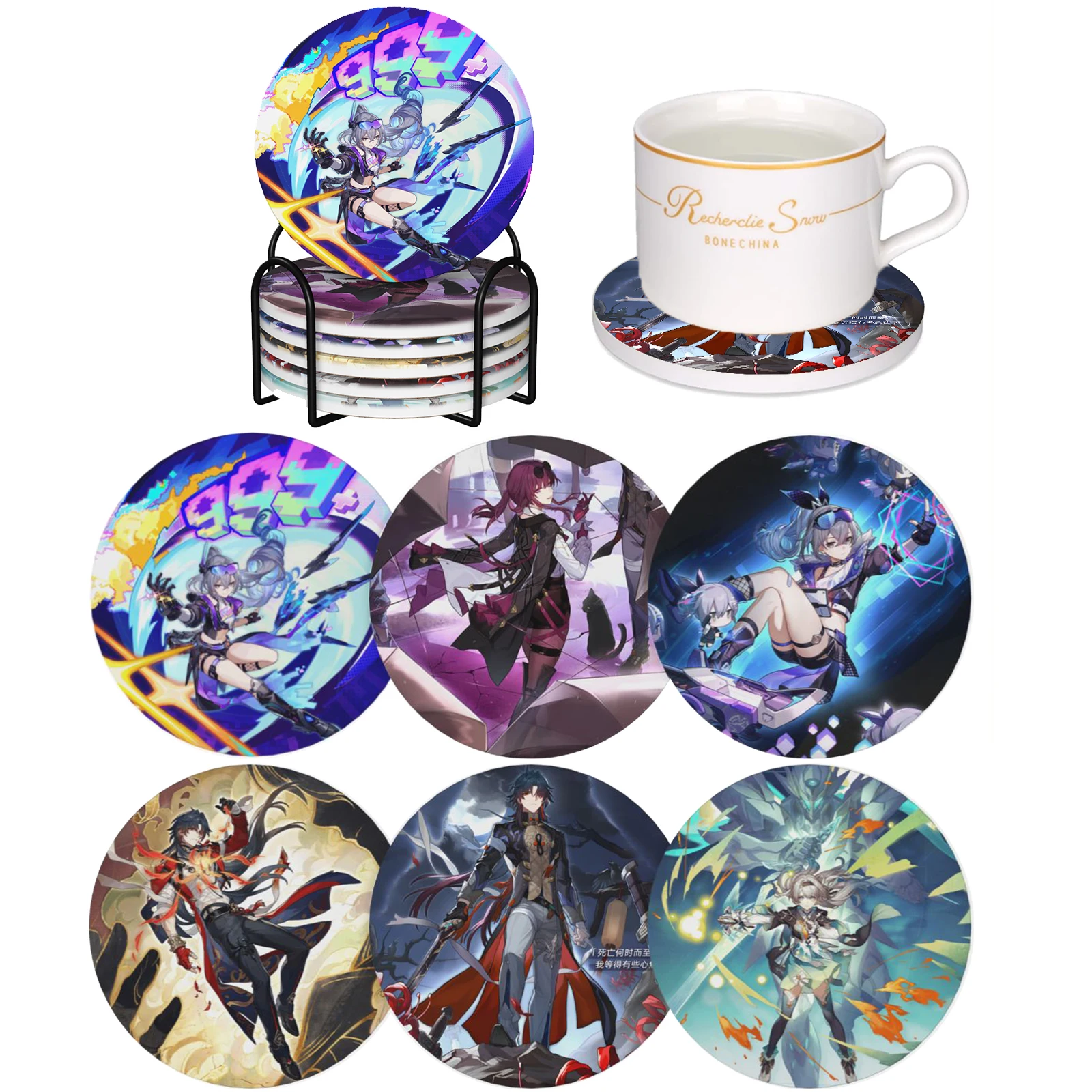 

Honkai Star Rail Silver Wolf LV.999 Absorbent Ceramic Coasters Set of 6 with Holder Non-Slip Cup Mat Coffee Table Gamer Gift
