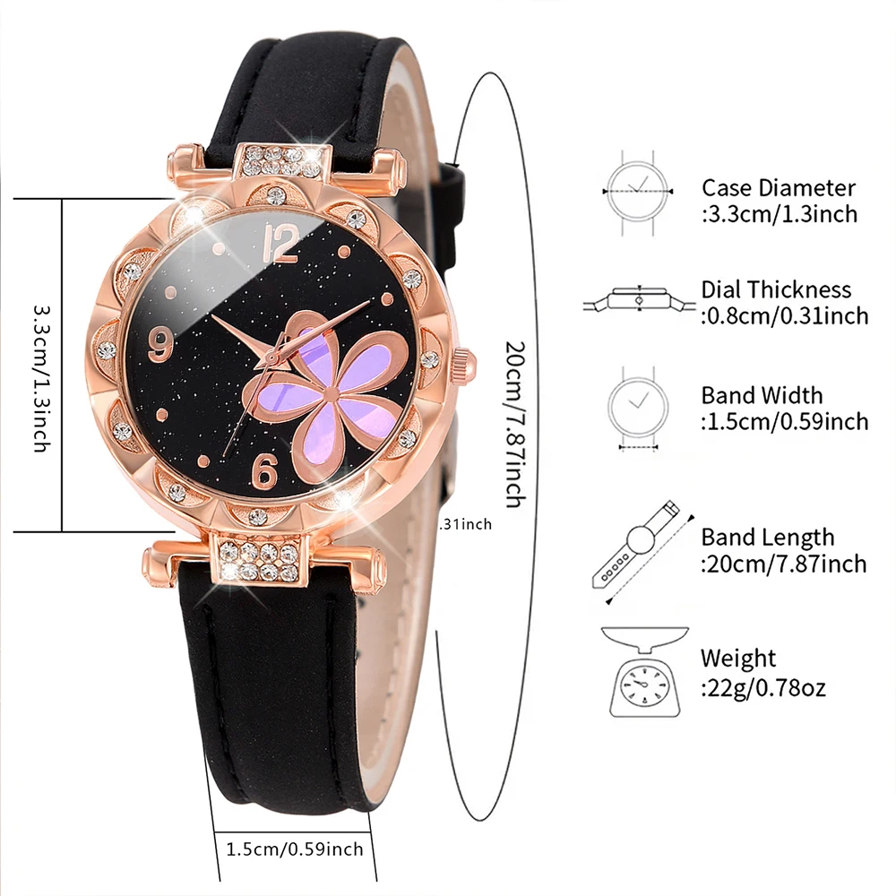 Simple Luxury Flower Element Leather Black Strap Watch Casual Fashion Quartz Watch Is The Perfect Gift For Her (No Box)