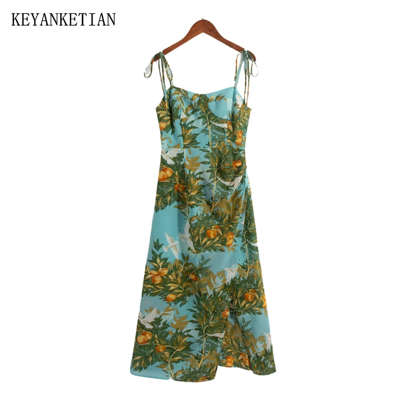 

KEYANKETIAN 2024 New Launch Women Leaves Print Sling Dresses Summer Pastoral Style Asymmetrical Slim Sleeveless Slit MIDI Dress