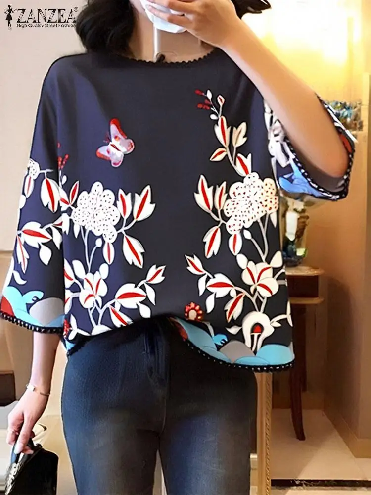 2024 Bohemian Printing O-neck Blusas ZANZEA Women Blouse Casual Loose 3/4 Sleeve Tops Korean Style Fashion Oversize Button Shirt