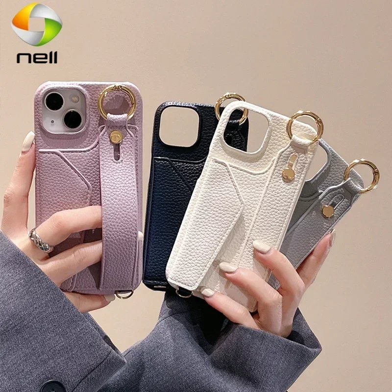 Solid color wristbands card pocket leather wallet case For iphone 13 11 12Pro Max 13Pro 15 14Pro Ring holder leather case cover