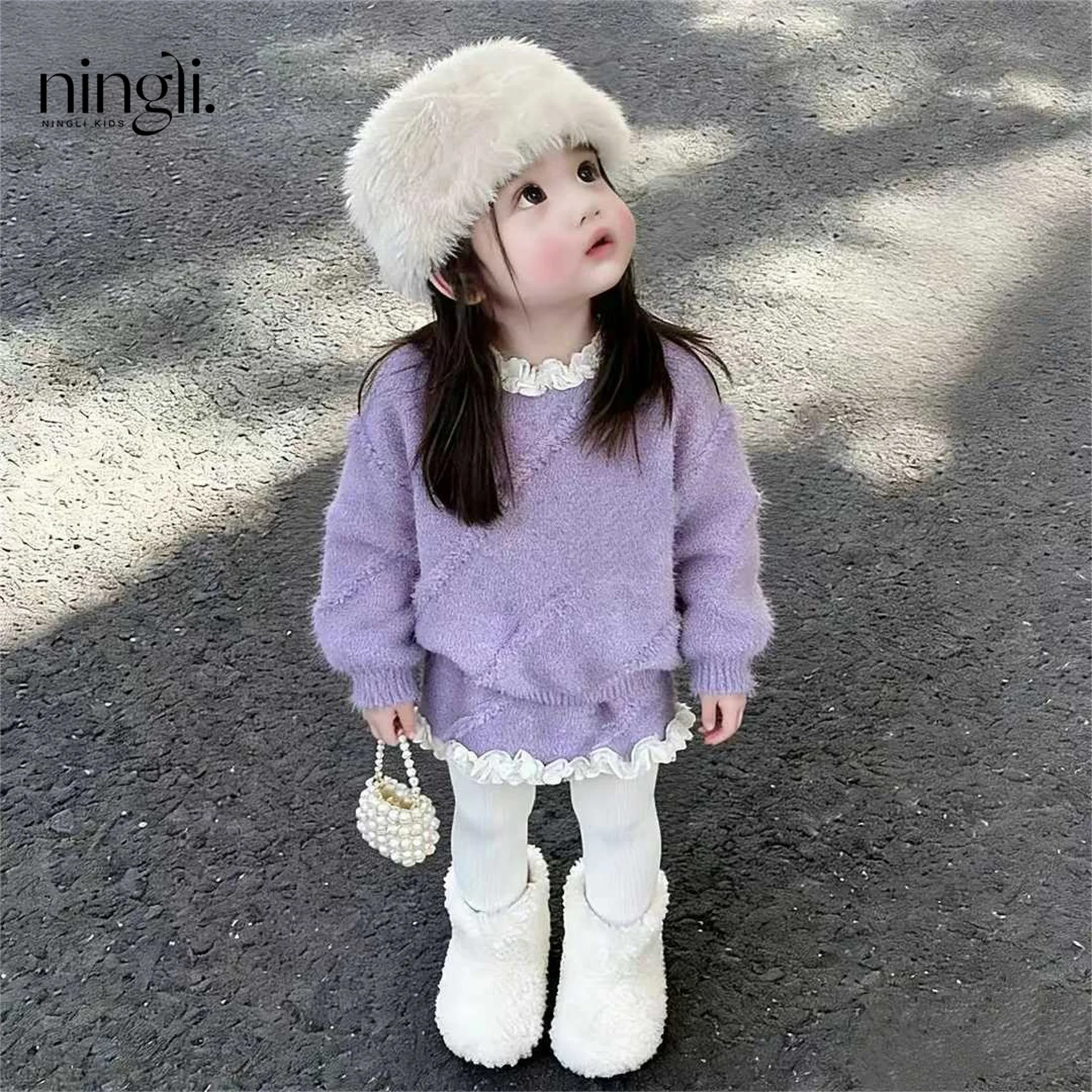 2025 Winter Girls Super Fairy Lace Sweater Short Skirt Knitted Two-piece Set Foreign Style Suit