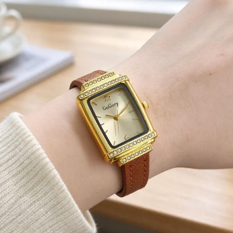 Luxury Diamond Studded Dial Gift Women Watch Fashion Gold Watches Leather Strap Wristwatches Wholesale Relojes Para Mujer