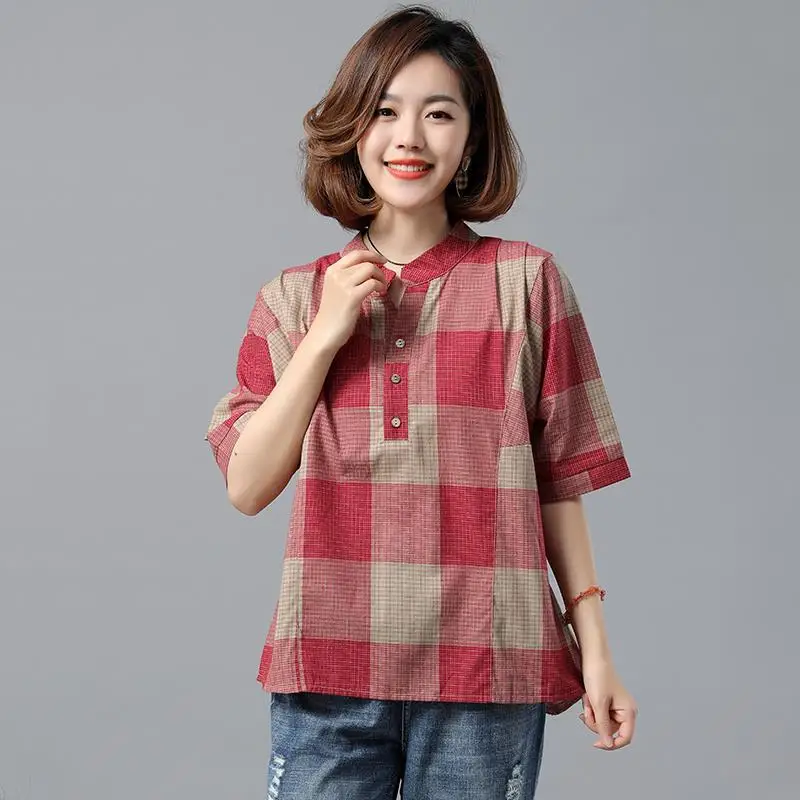 Camicette scozzesi stampate a maniche corte con colletto alla moda Abbigliamento donna 2025 Estate Nuove magliette allentate per pendolari Camicie per tutte le partite