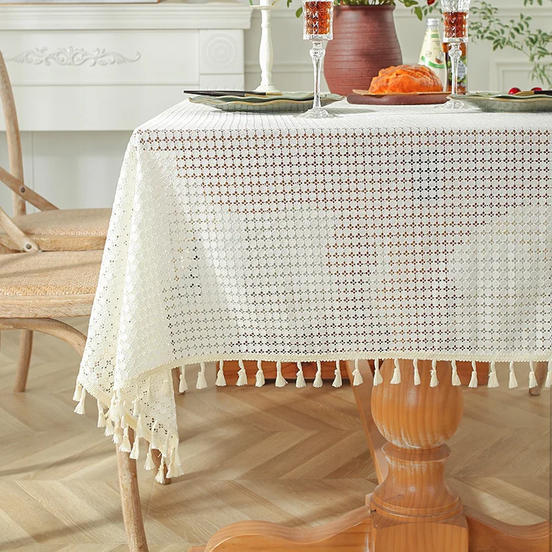 

Vintage Lace Tablecloth Hollowout Woven Embroidery Tablecloth Geometric Patterns Tassel Table Cover Banquet Table Cloth