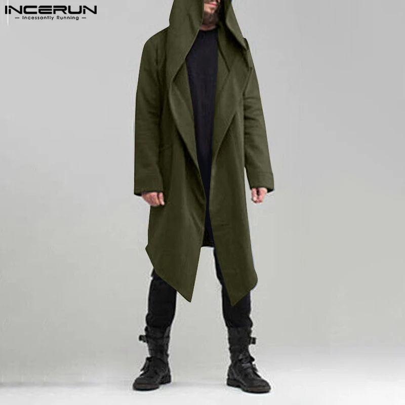 INCERUN Men Hoodies Coats Solid Long Sleeve Open Stitch Hooded Casual Sweatshirts Men Streetwear Loose Long Style Outerwear 2024