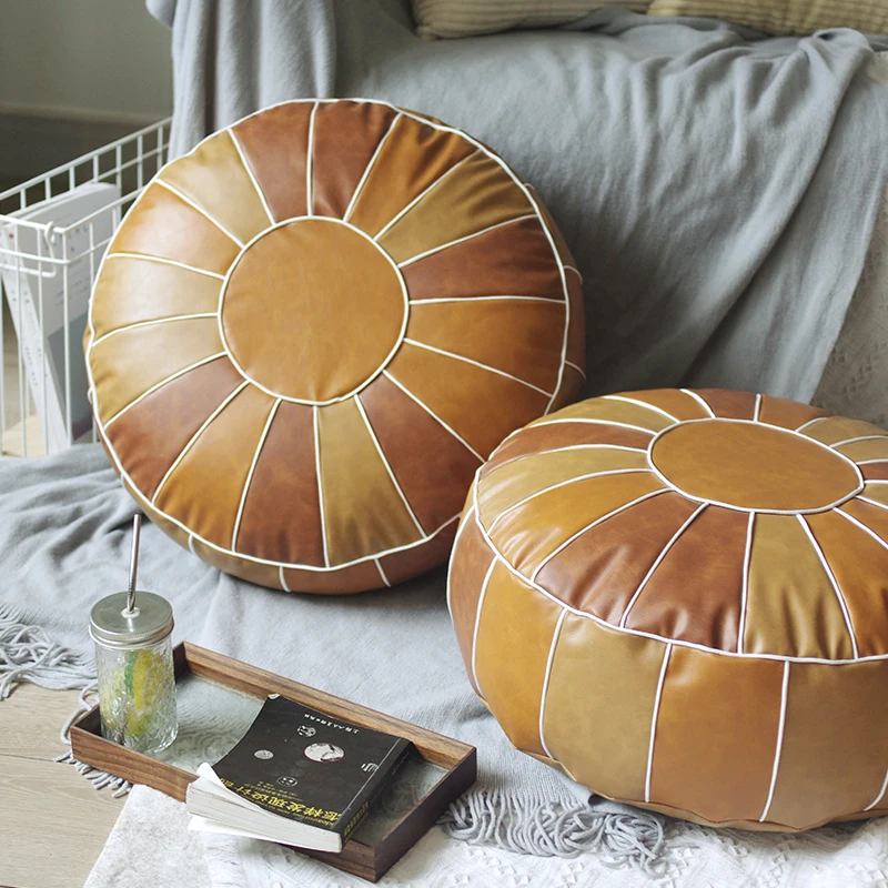 

Moroccan PU Leather Pouf Embroider Patchwork Craft Floor Hassock Ottoman Footstool Round Artificial Leather Unstuffed Cushion