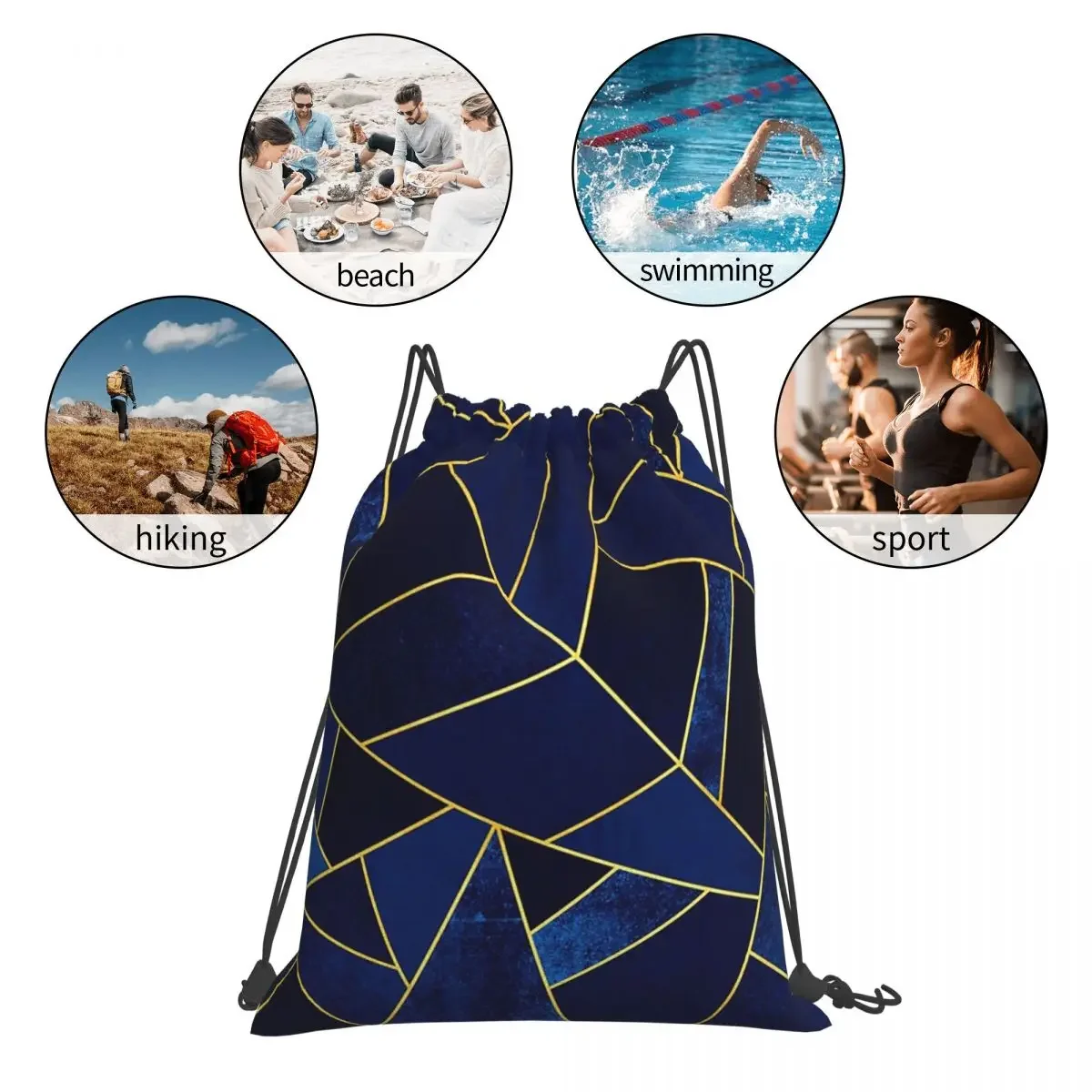 Mochilas de líneas amarillas de piedra azul, bolsas con cordón multifunción, paquete con cordón, bolsa para zapatos de bolsillo, mochila para estudiantes de viaje