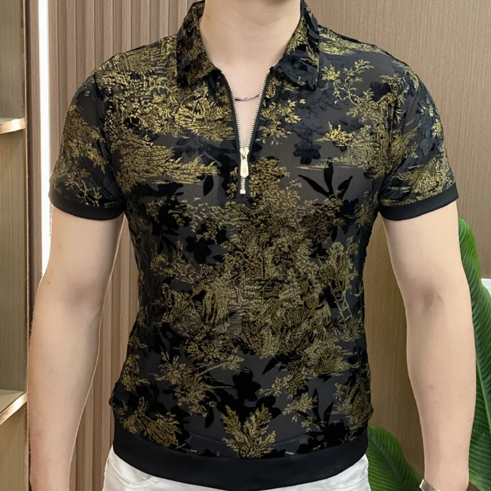 

Luxury Men Polo Shirt European Fashion Flocking Trend Men's Top Polo Homme Chinese Style Print Men Polo Shirt Polos Para Hombre