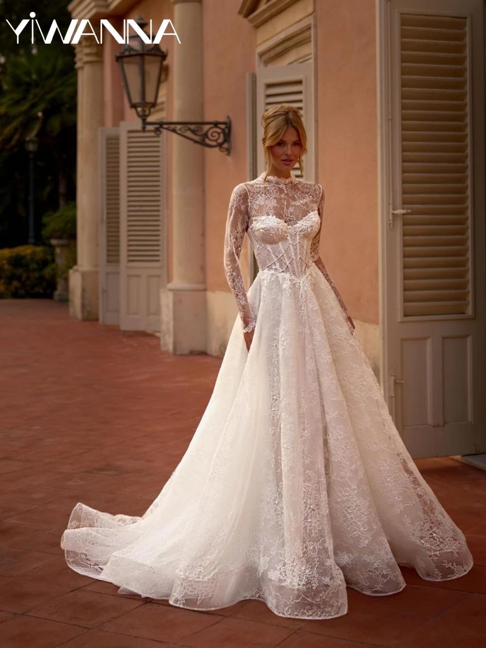 

Two Pieces Shiny Beaded A-line Lace Wedding Dress Modest High Collar Long Sleeve Bridal Gown Customized Ivory Dresses For Bride