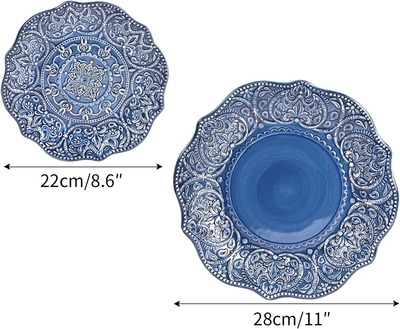 Vajilla de comedor fina de gres en relieve, platos de porcelana de estilo barroco antiguo, juego de 2 platos de ensalada de 8,5" y cena de 11"