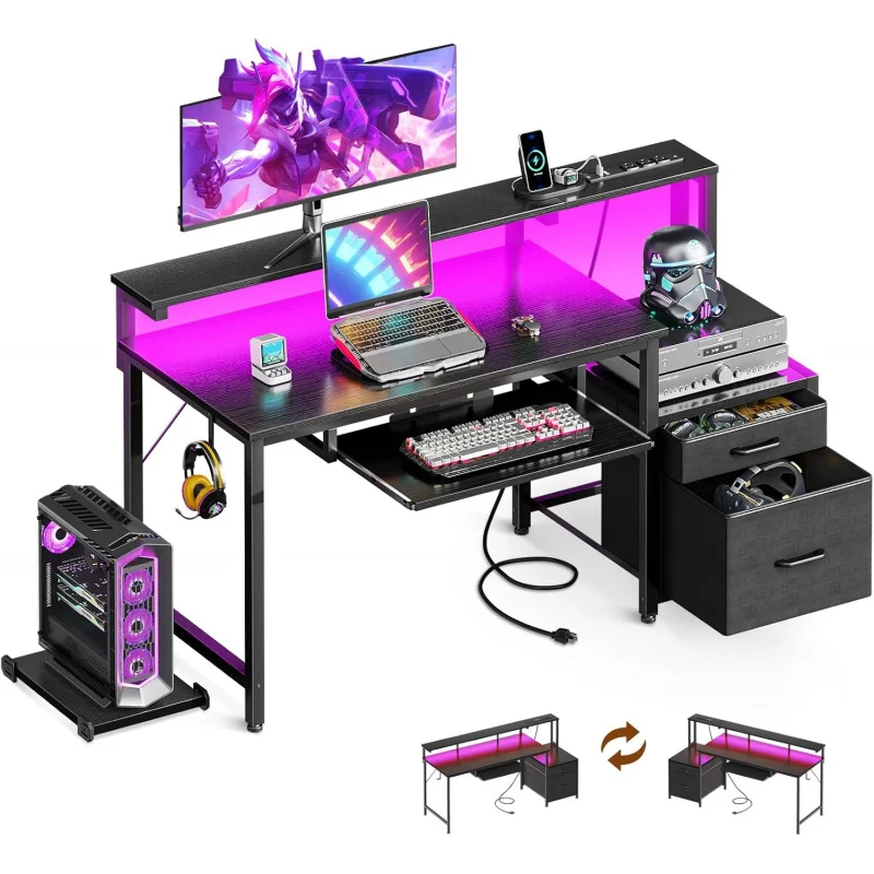 48-Inch Gaming Desk with Power Outlets & LED Light, Reversible PC Desk with Fabric Drawer and File Cabinet, Computer Desk with K