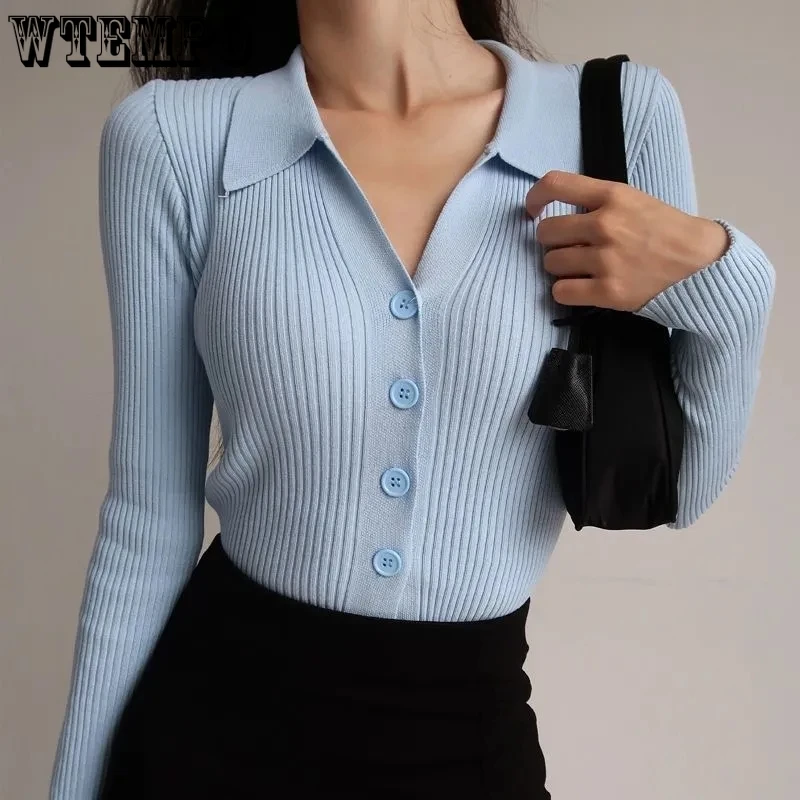 

Flip Collar Pit Stripe Knit Cardigan Women Short Top Navel Exposed Sexy V-neck Slim Long Sleeve Sweater American Retro Shirt