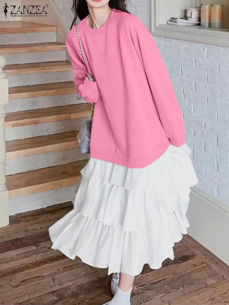 

ZANZEA 2025 Spring Dresses Korean Fashion O-neck Long Dress Casual Loose Pullover Robe Holiday Pleating Hem Stitching Vestidos