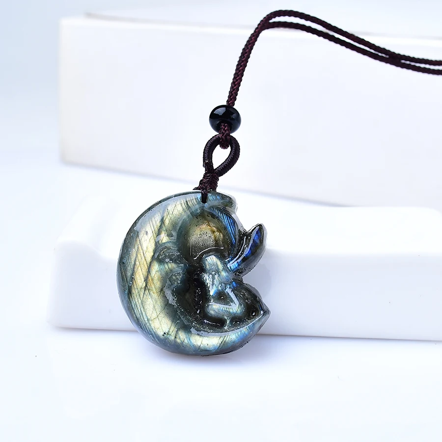 1PC Natural Labradorite Crystal Moon Girl Statue Pendant Random Crystal Healing Stone Carving Gemstone Crafts Home Decor DIY Gif