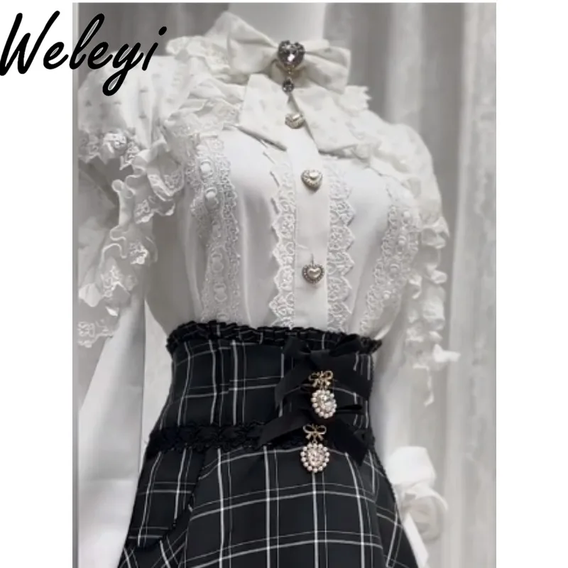 

Mine Mass Produced Lace Bow Shirt Lolita Blouse Japanese Sweet Women Clothes Cute Off Shoulder Long Sleeve Poleras Kawaii Top