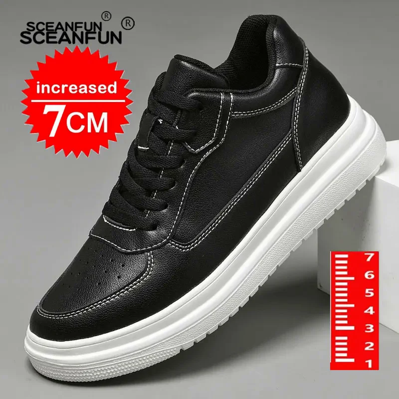 Genuine leather men\'s 7cm height increasing sneakers fashion casual shoes mens outdoor running sneakers size 36-44 designer