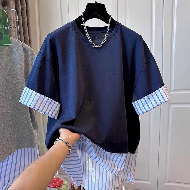 

SuperAen Korean-style Contrast Color Short-sleeved Knitted T-shirt for Women Oversize Striped Patchwork Design Loose T-shirts