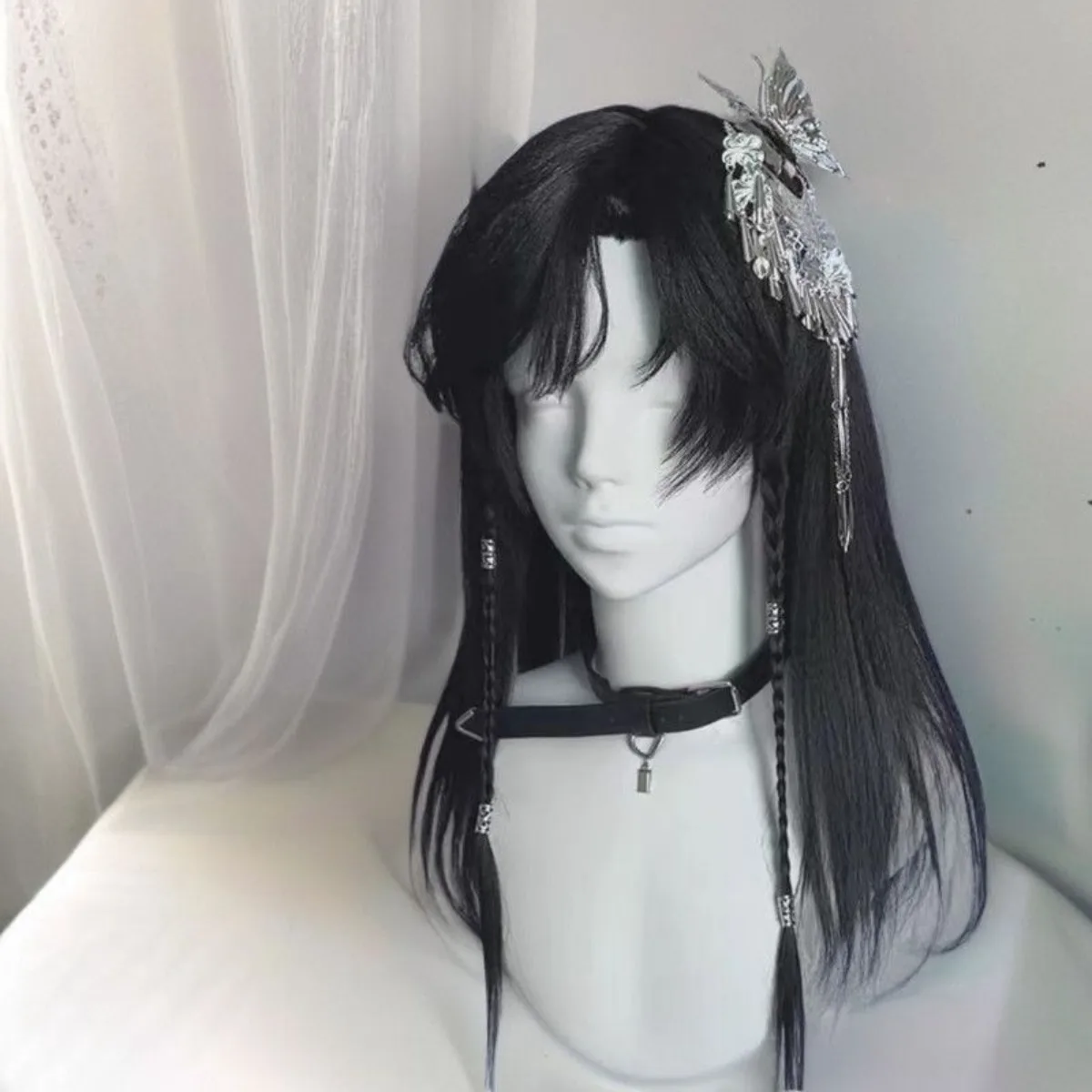 Shen Jianqing Perruque de cosplay de style chinois ancien : cheveux longs et raides avec frange de bande dessinée, casque complet