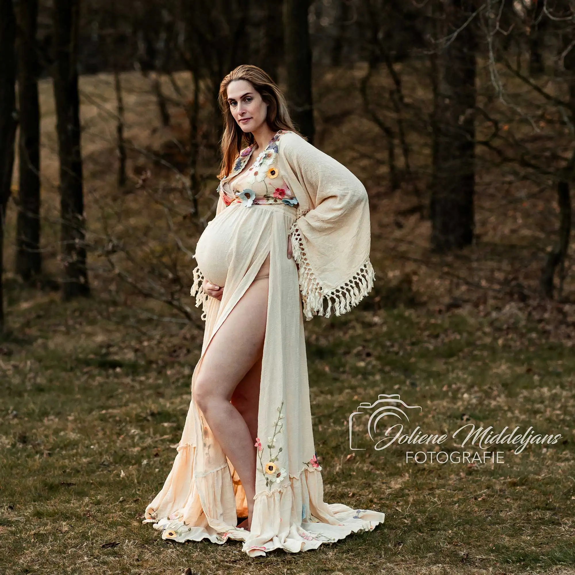 

Maternity Photography Two-Piece Dress Beige Linen-Cotton Applique Embroidery Elegant Photo Studio Outfit for Baby Show Bridal