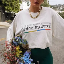 Creative Department American Vintaga Style Women White Sweatshirts Long Sleeve Loose Cotton Thick Street Fashion Y2K Pullover