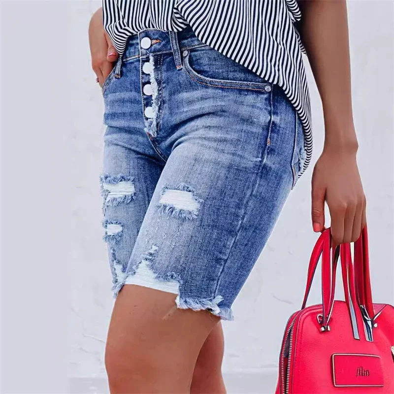 Women Fashion Single-breasted Splice Mid Waist Denim Shorts Female Broken Holes Three Quarter Pants Casual Mini Jeans Streetwear