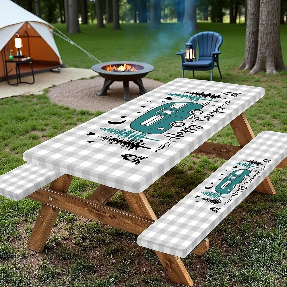 

Прямоугольная водонепроницаемая скатерть для пикника в клетку «Буффало» с эластичными краями и чехлами для скамеек, для улицы и кемпинга