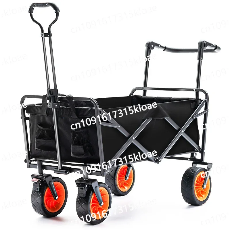 Large capacity foldable camper, adjustable push-pull handle portable four-wheel camping trolley