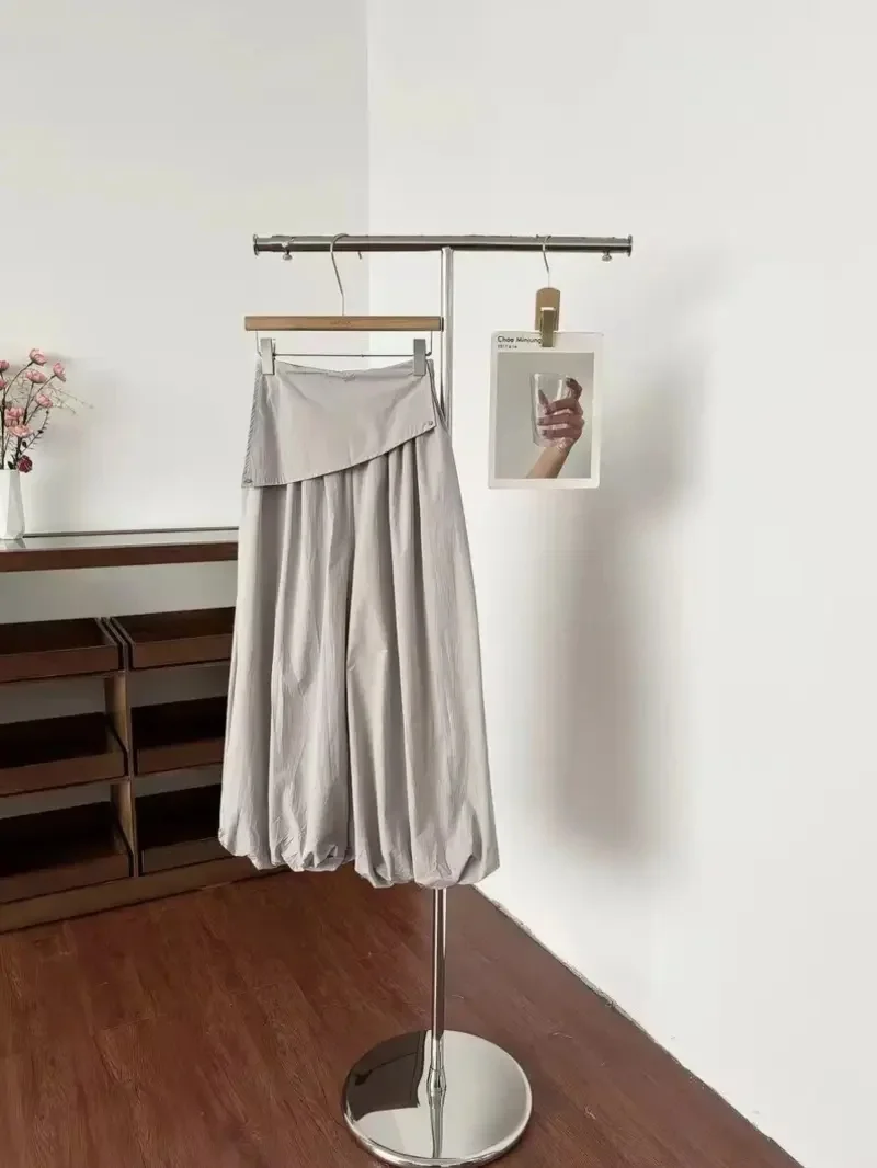 New Summer Casual Pants Women Elastic Waist Splice Lined Solid Draped Gray Lantern Trousers Solid Color Fake Two Piece