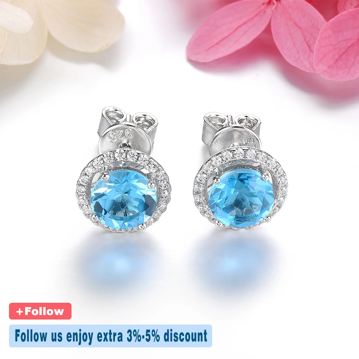 Natural Blue Topaz Sterling Silver Stud Earring 2 Carats Round Faced Deep Blue Topaz Women Classic Fine Jewelrys Top Quality