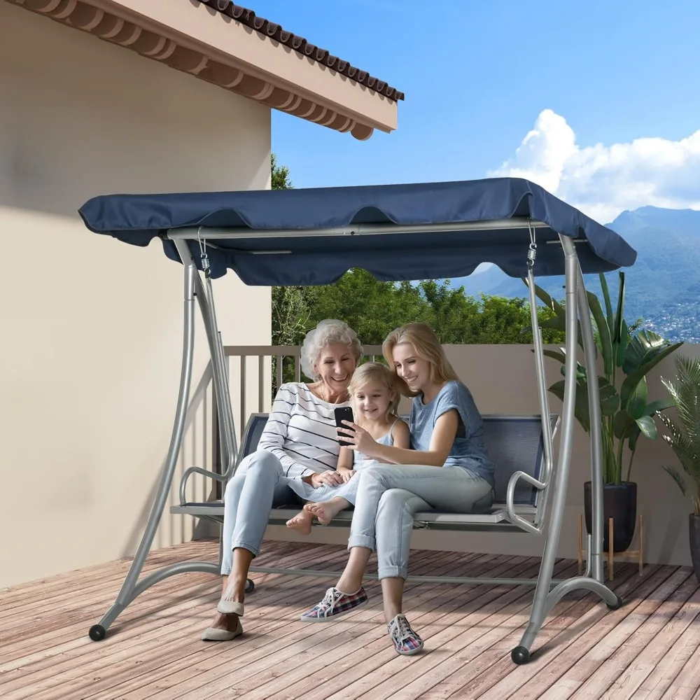 3-Seat Outdoor Porch Swing Chair, Patio Swing Glider with Adjustable Canopy, Breathable Seat, and Steel Frame for Garden, Pools