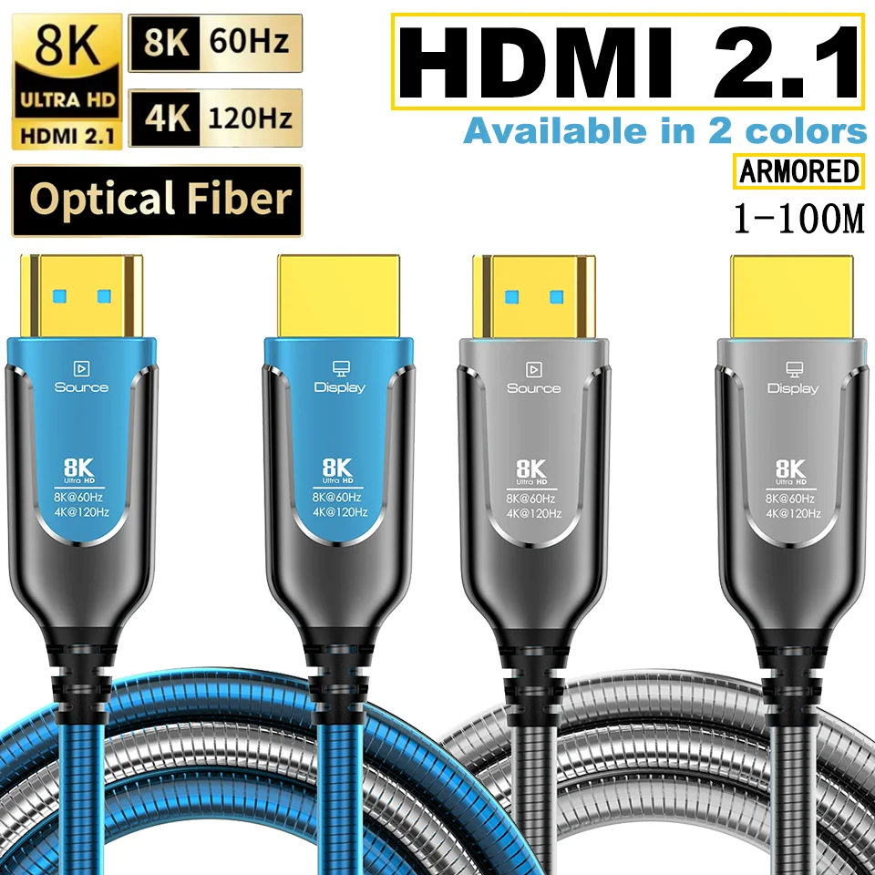 

8K HDMI 2.1 Armored Fiber Optic Cable 5/10/20/30/50M 8K@60Hz 4K@120Hz 48Gbps HDR eARC For TV/Projector/PS5/Apple TV Home Theatre