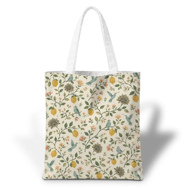 Boho Wildflower Canvas Tote Bag Retro Pink Tone Flower And Green Leaves Seamless Pattern Casual Reusable Shopping Gift Bag