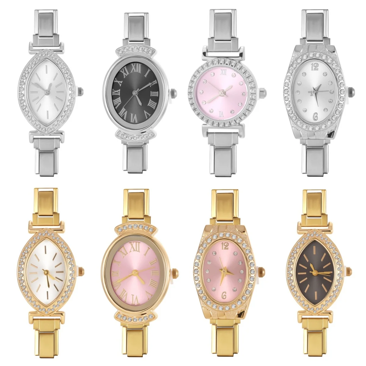 New Design Pink Oval Watch Dial Stainless Steel Bracelets High Quality Jewelry Fashion Women Men's Shiny Zircon Watch Gifts