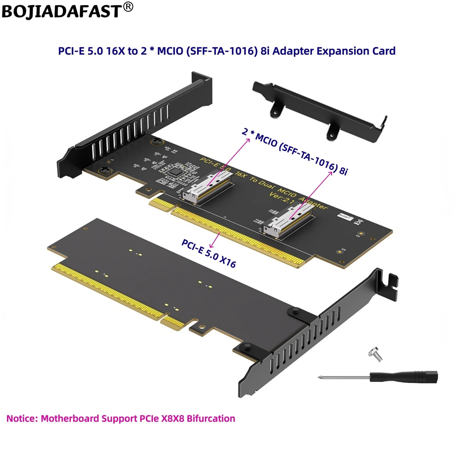 PCI-E 5.0 16X to Dual 2 MCIO (SFF-TA-1016) 8i Connector Adapter Expansion Riser Card Motherboard Support PCIe X8X8 Bifurcation