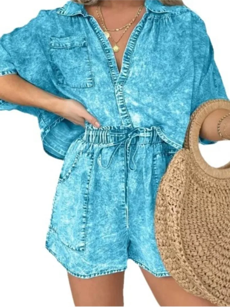 Moda vintage denim azul shorts terno para as mulheres verão nova moda simples bolso corda casual solto topos 2 peça conjunto feminino