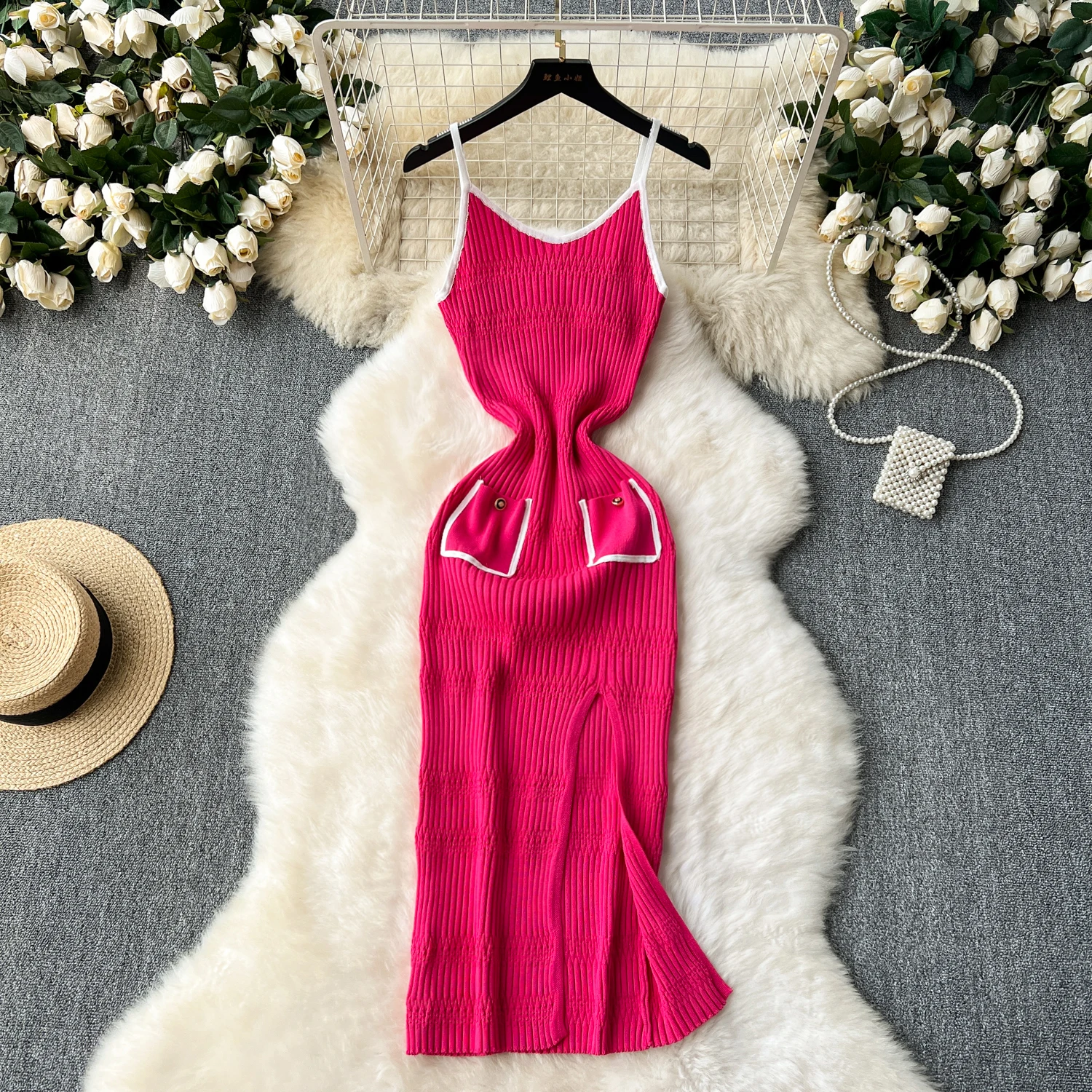 

ALPHALMODA 2024 New Women Knitted Pocket Split Sexy Sling Dress Summer Ladies Slim Fit Casual Holiday Dress Vacational Dress