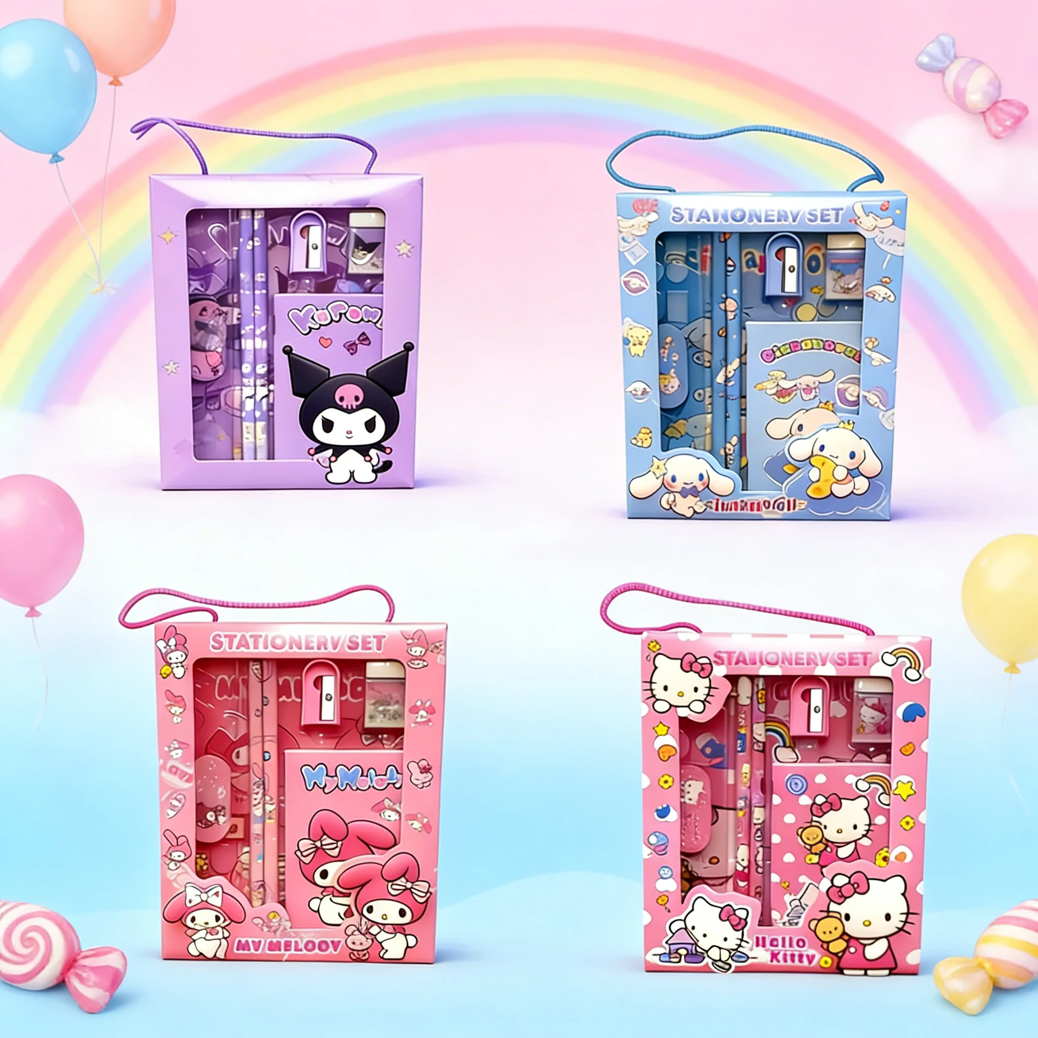 

Набор канцелярских принадлежностей Kawaii Kuromi Melody Hello Kitty: карандаш, линейка, тетрадь, подарок для детей, сувенир на день рождения