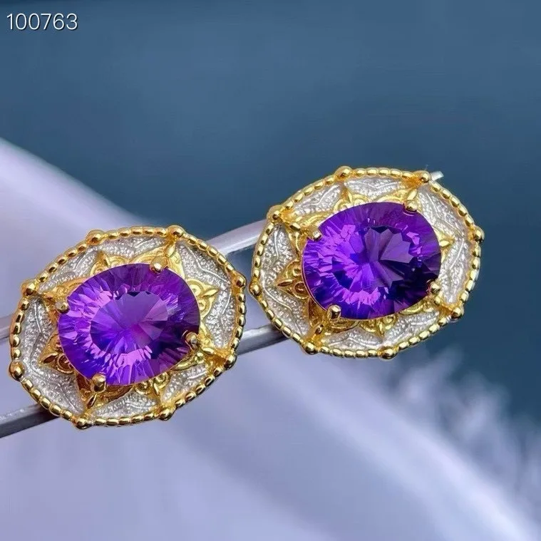 Vintage Palace Natural Amethyst Earrings, 925 Silver Two-Tone Handmade 10x14mm Main Stones, Crystal Jewelry Gift for Women